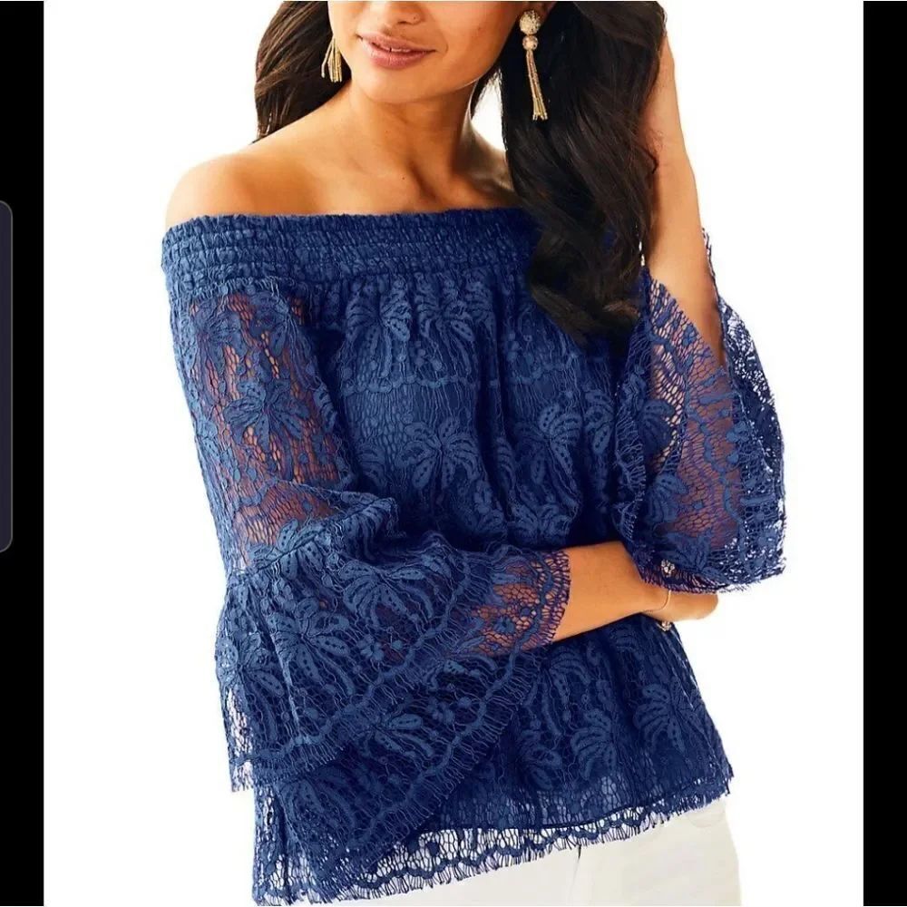 Lilly Pulitzer Tobyn Ikat blue lace off the shoulder top ss XS